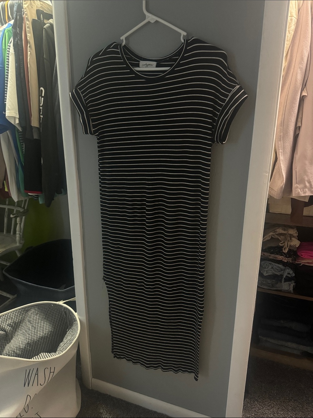 Carly Jean Los Angeles Black & White Striped Maxi T-Shirt Dress